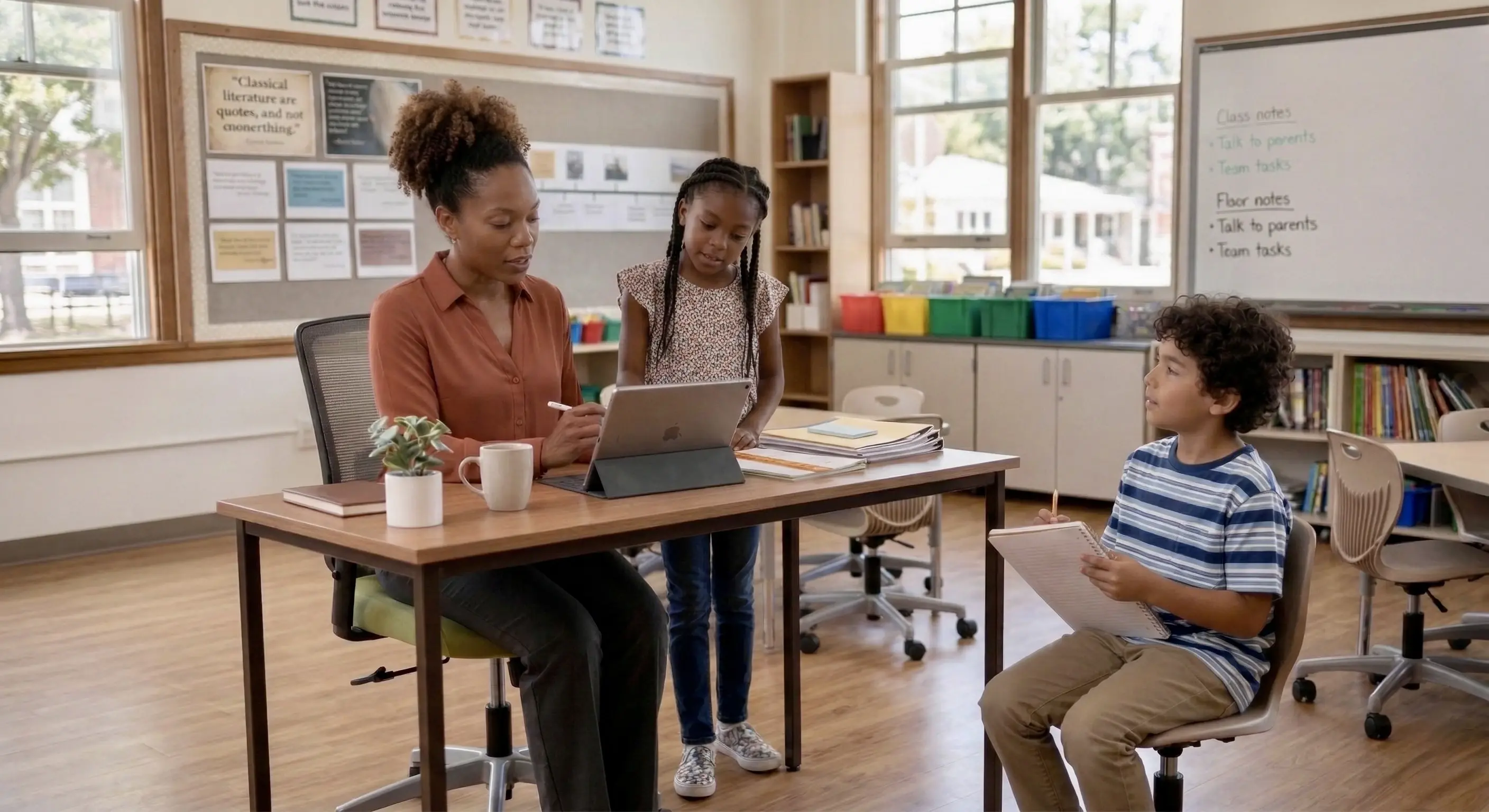 Teacher working with students at a desk